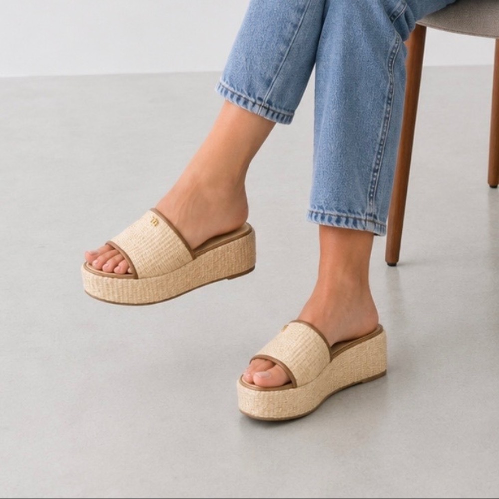 Larroude Miso Platform Slide Sandals Woven Raffia Leather Trim Beige Womens 8